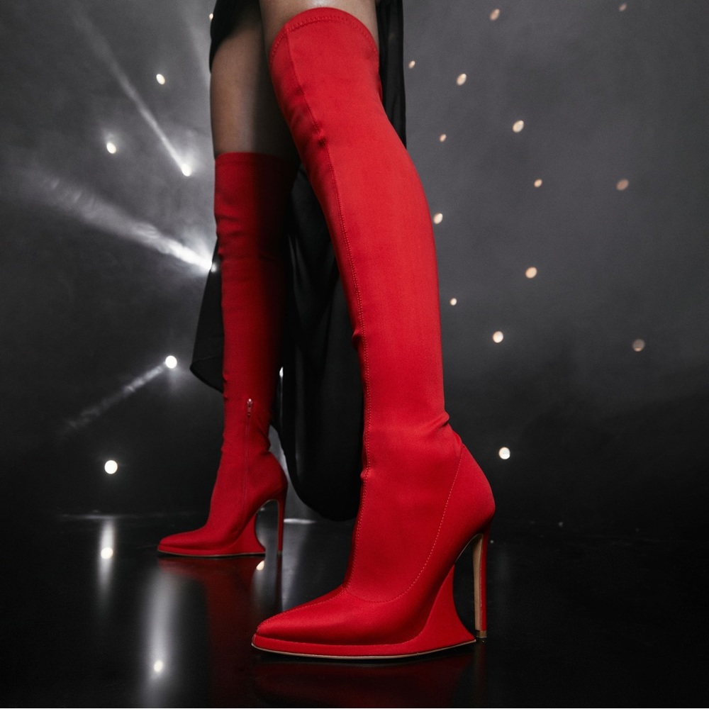 Red pointed toe over knee platform stiletto boots (SOLD)